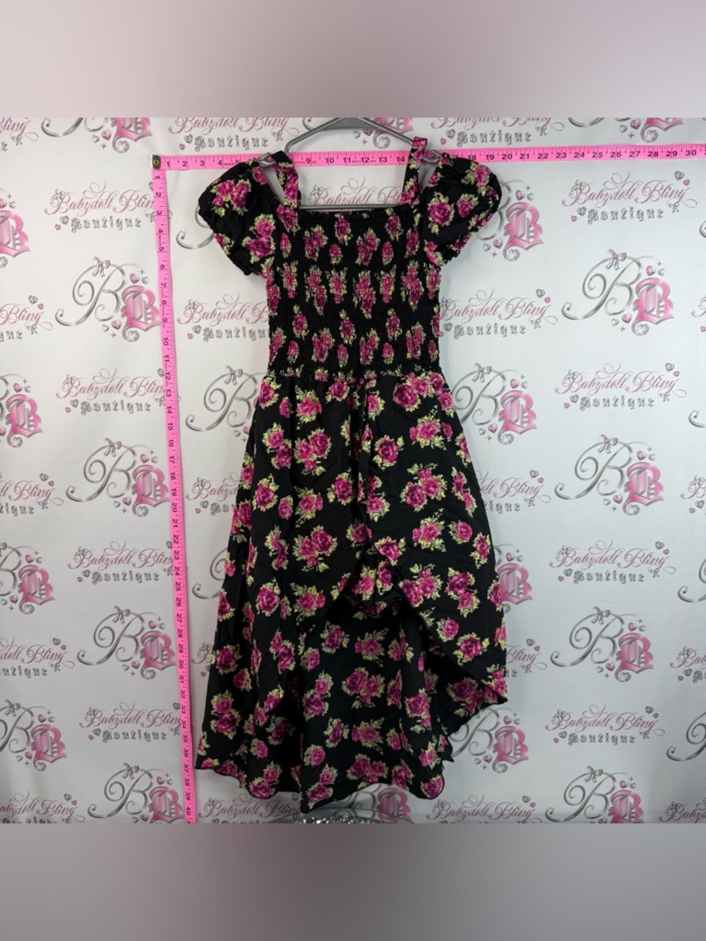 Suko Girl Black Floral Smocked Dress Top  with Pink & Yellow Flower Prints